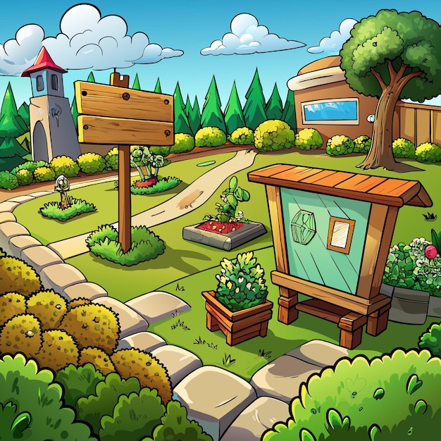 Vector a cartoon illustration of a garden with a sign that says welcome to the garden