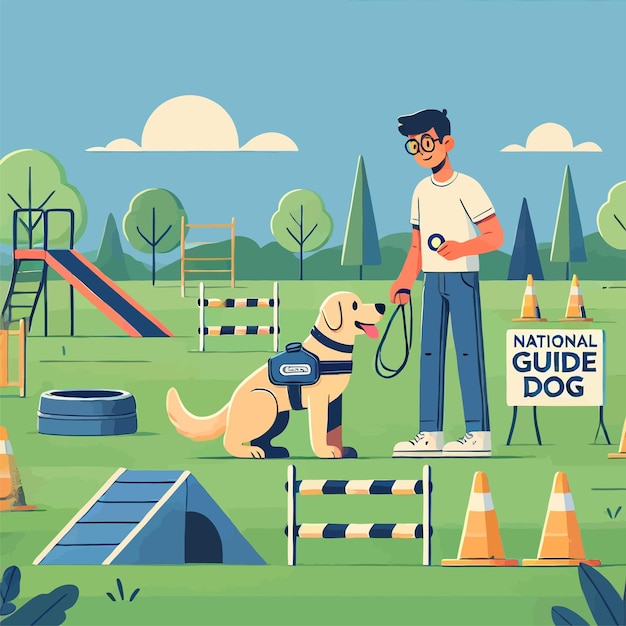 Vector cartoon illustration of a guide dog training on an obstacle course