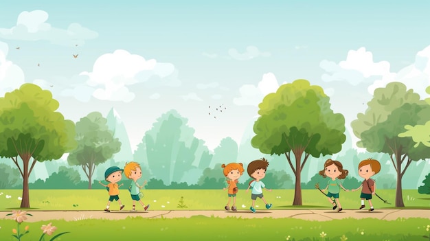 Vector a cartoon illustration of kids playing in the park