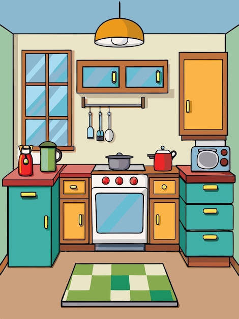 Vector a cartoon illustration of a kitchen with a stove and a window