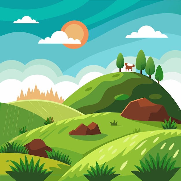 Vector a cartoon illustration of a landscape with a house on the hill