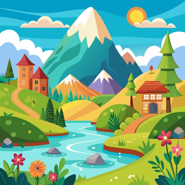 Vector a cartoon illustration of a landscape with a mountain and a lake