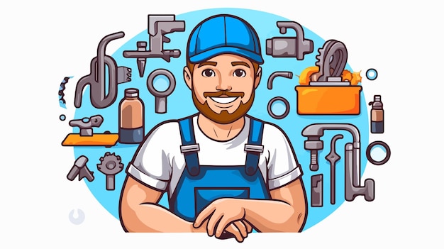 a cartoon illustration of a man wearing a blue hat and holding hands with a wrench and a wrench