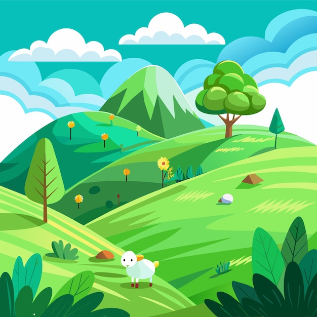 Vector a cartoon illustration of a mountain with animals on it