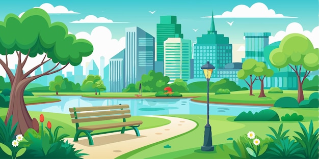 a cartoon illustration of a park with a bench and a bench with a city in the background