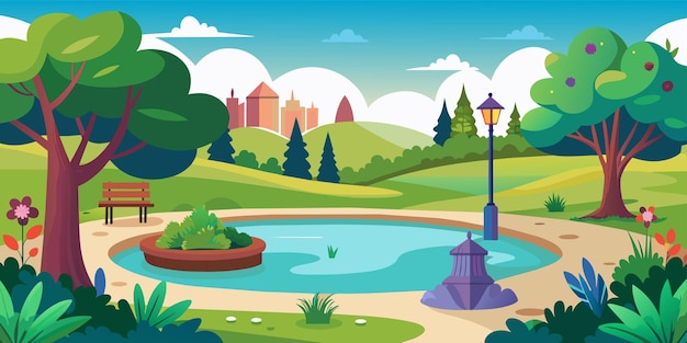 a cartoon illustration of a park with a fountain and a city in the background