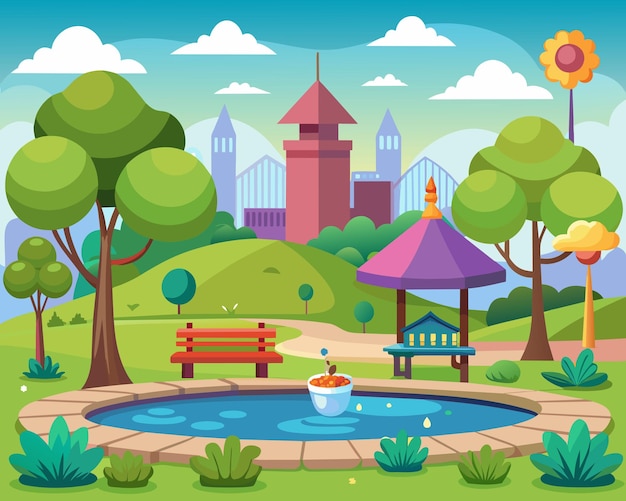 Vector a cartoon illustration of a park with a fountain and park bench