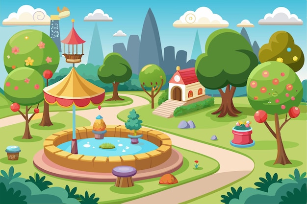 Vector a cartoon illustration of a park with a pond trees a small house and a city skyline in the background through the park customizable cartoon illustration