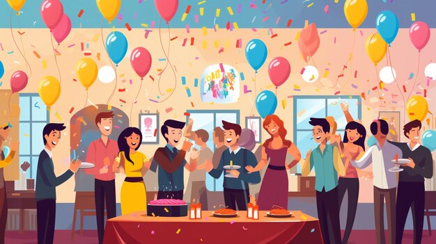 Vector a cartoon illustration of people celebrating a birthday party with balloons and confetti