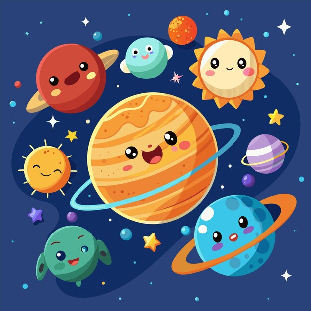 Vector a cartoon illustration of a planet with planets and a star on it