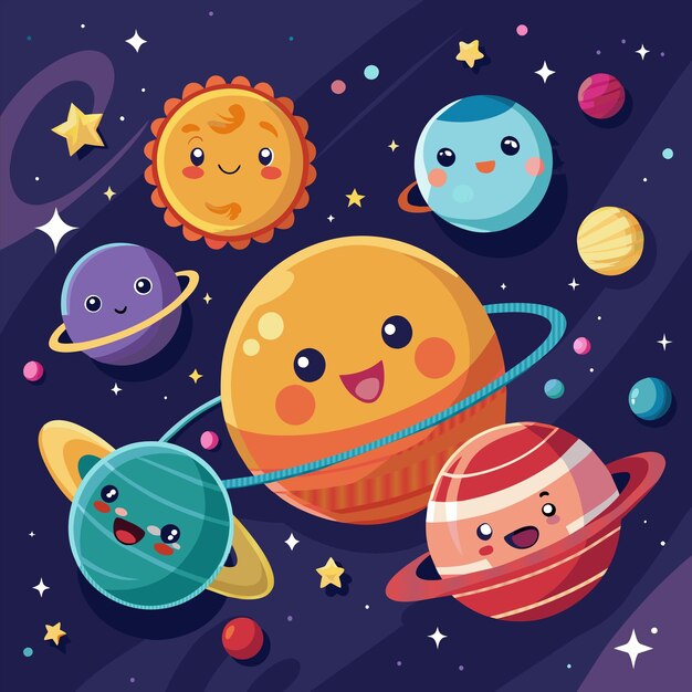 Vector a cartoon illustration of planets and a star system