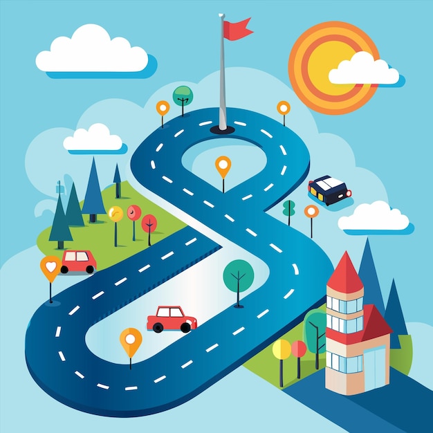 Vector a cartoon illustration of a road with a blue arrow and a car driving on it