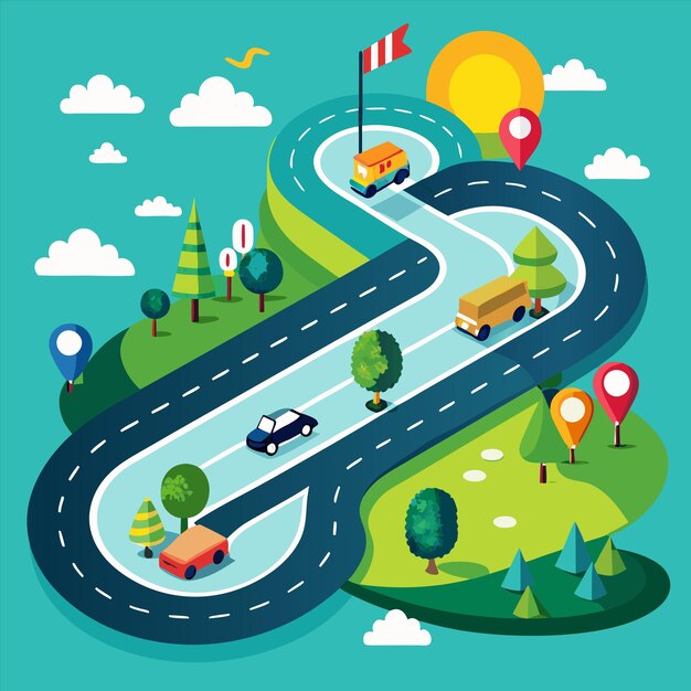 Vector a cartoon illustration of a road with cars and a flag