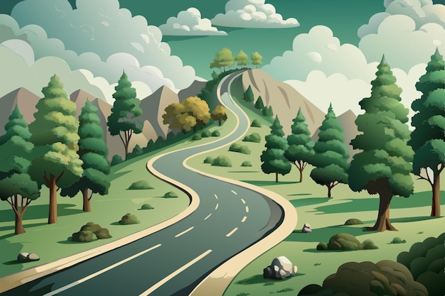 a cartoon illustration of a road with trees and mountains