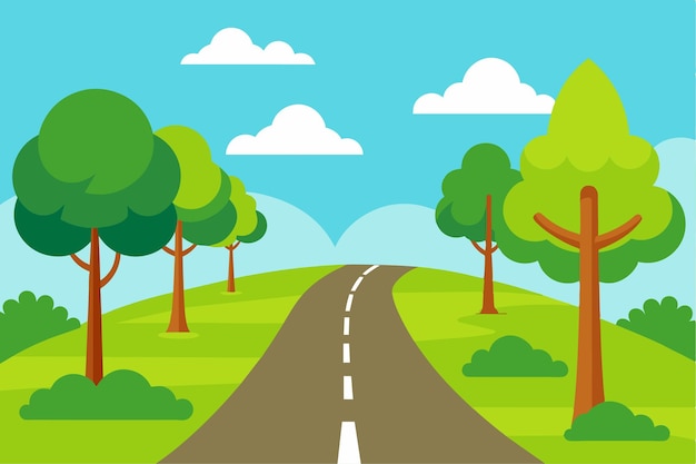 a cartoon illustration of a road with trees and a road with a road in the background