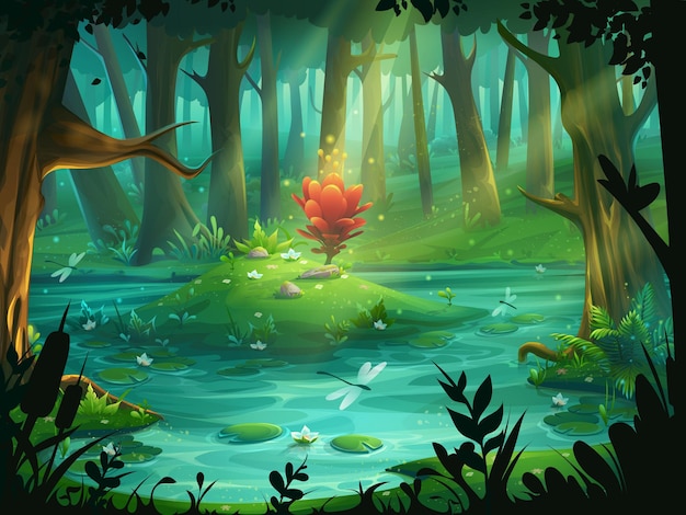 cartoon illustration the Scarlet Flower on an island in a swamp in the forest.