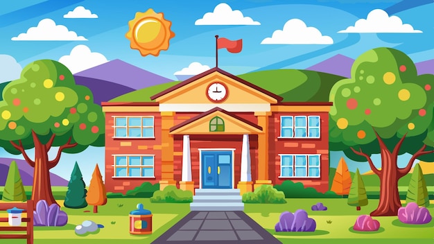 Vector a cartoon illustration of a school building with a clock on the front