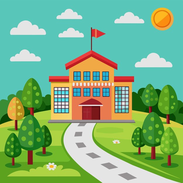 Vector a cartoon illustration of a school building with a sun on the top