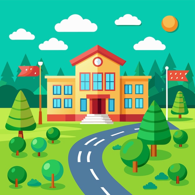 Vector a cartoon illustration of a school with a road and trees on the left