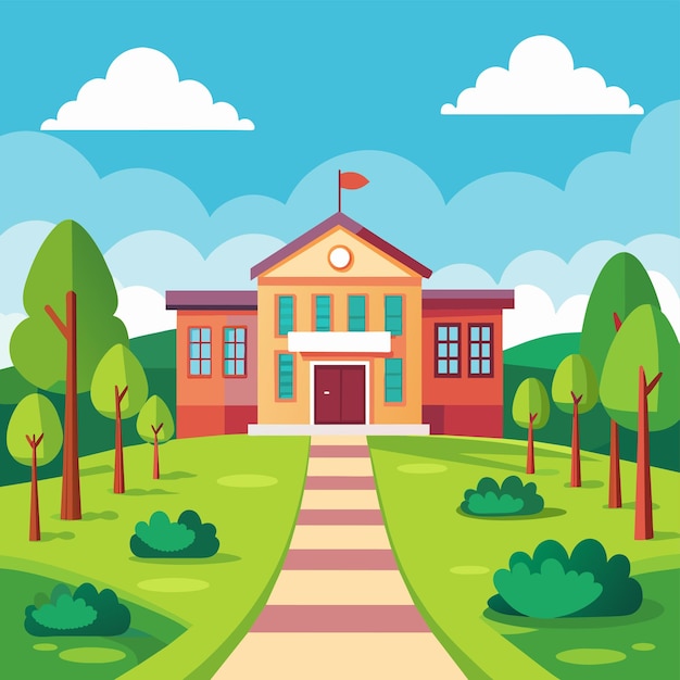 Vector a cartoon illustration of a school with trees and a building with a flag on the top