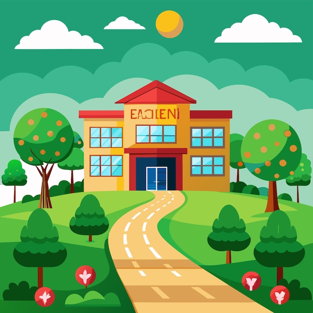 Vector a cartoon illustration of a school with trees and a sign that says quot end your mind quot