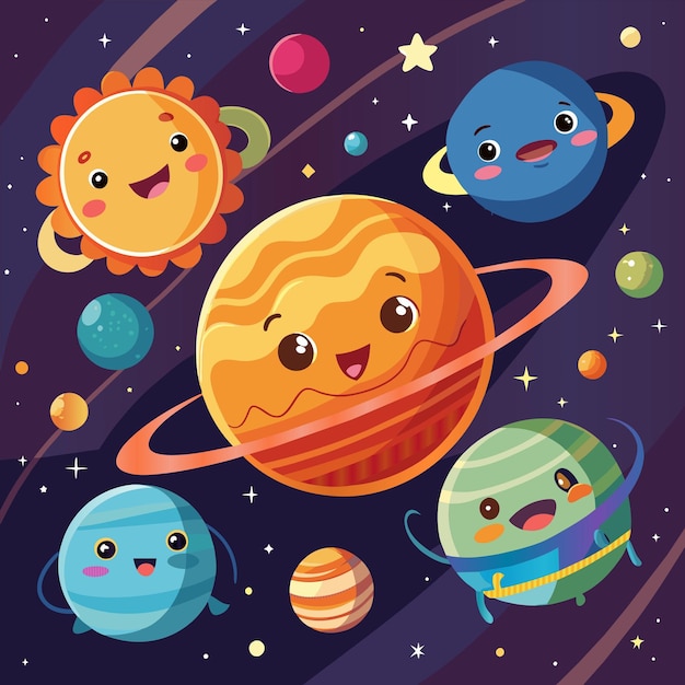 Vector a cartoon illustration of a solar system with the sun and planets