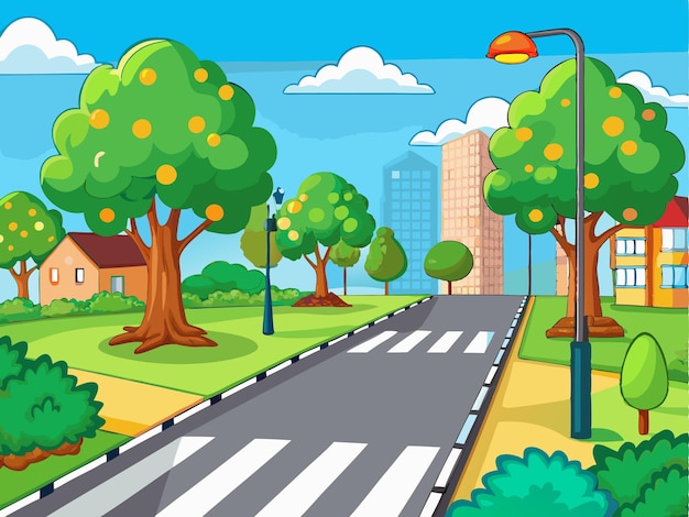 Vector a cartoon illustration of a street with trees and a street with a street light