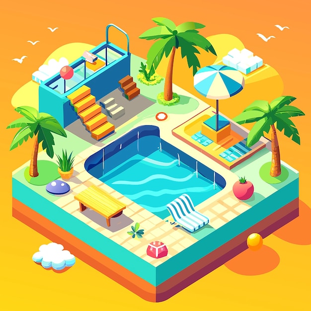 Vector a cartoon illustration of a swimming pool with palm trees and a pool with a beach scene