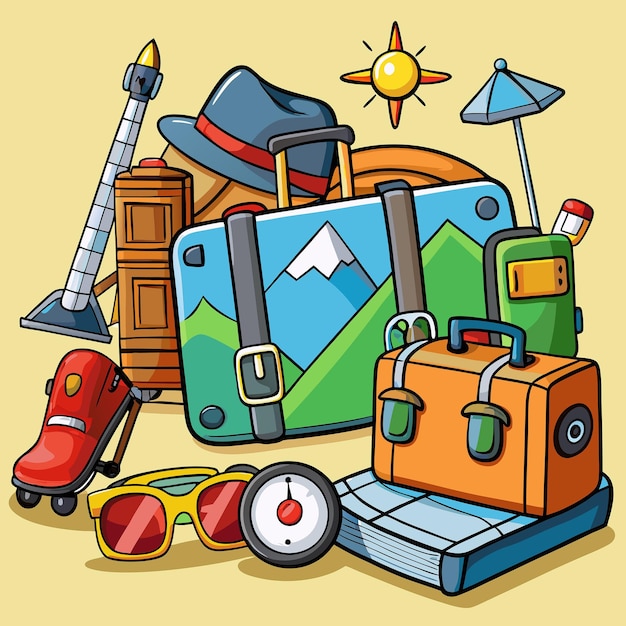 Vector cartoon illustration of traveling equipment suitcase with wheels