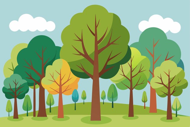 Vector cartoon illustration of trees in a green field with a blue sky