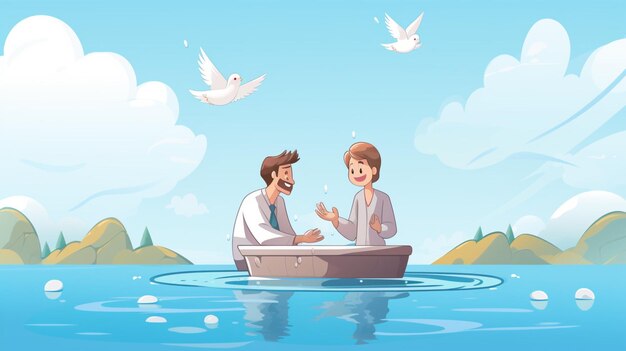 a cartoon illustration of two people in a boat with the words  happy  on the side