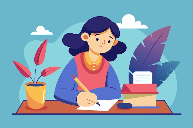 Vector a cartoon illustration of a woman sitting at a desk with a potted plant writing a letter writing a letter customizable cartoon illustration