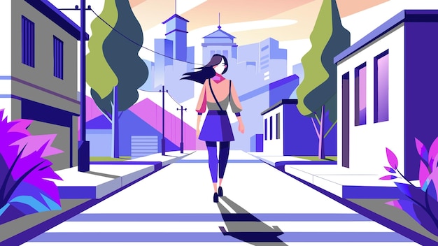 a cartoon illustration of a woman walking down a street with a city in the background