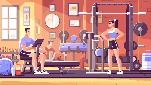 Vector a cartoon illustration of a woman working on a gym with a man sitting on a bench