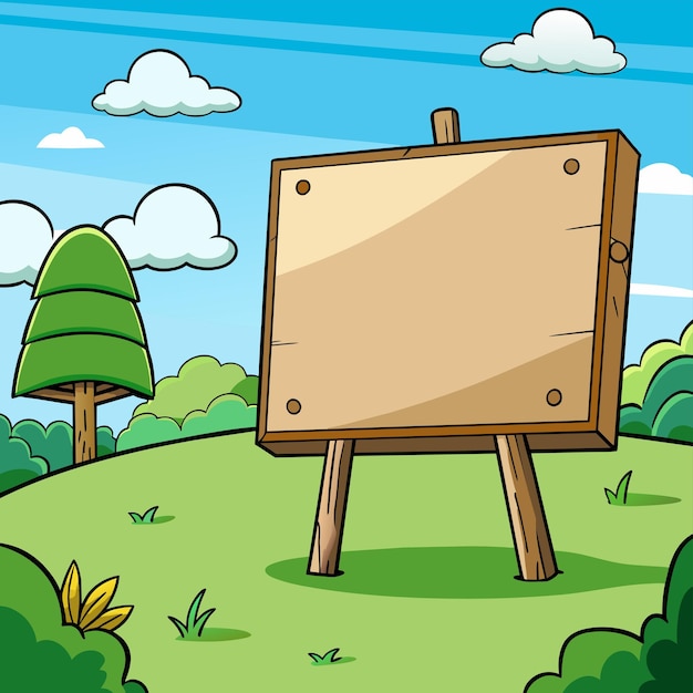 Vector a cartoon illustration of a wooden sign in a field with trees and clouds