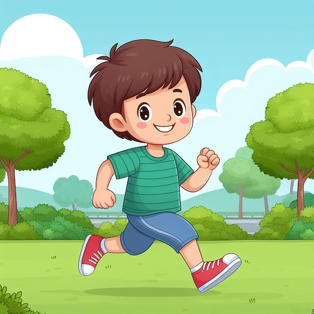 a cartoon image of a boy running in a park