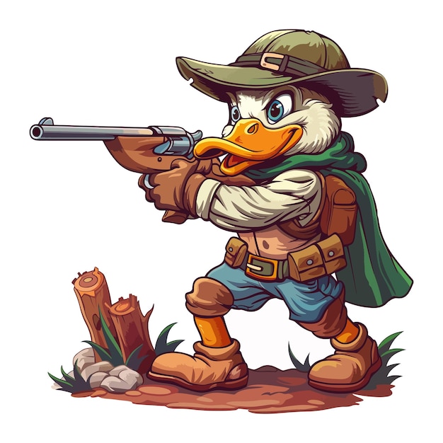 Vector a cartoon image of a duck with a gun pointing at a tree stump