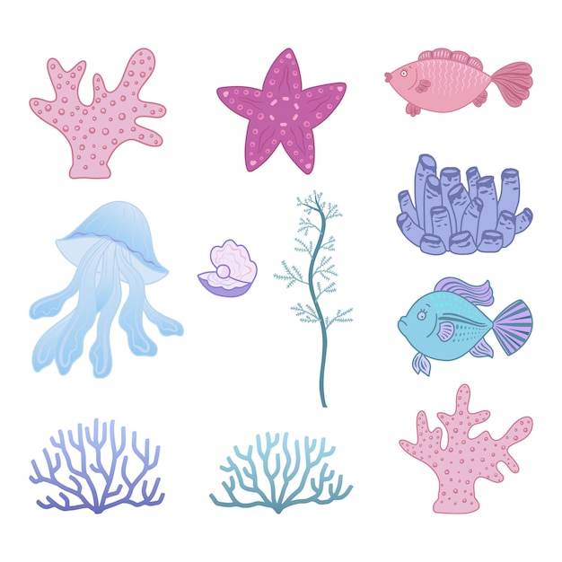 Cartoon inhabitants of the underwater world Corals fish algae starfish jellyfish clam shell with pearl Design elements Vector