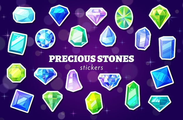 Vector cartoon jewelry and crystal gems stickers pack