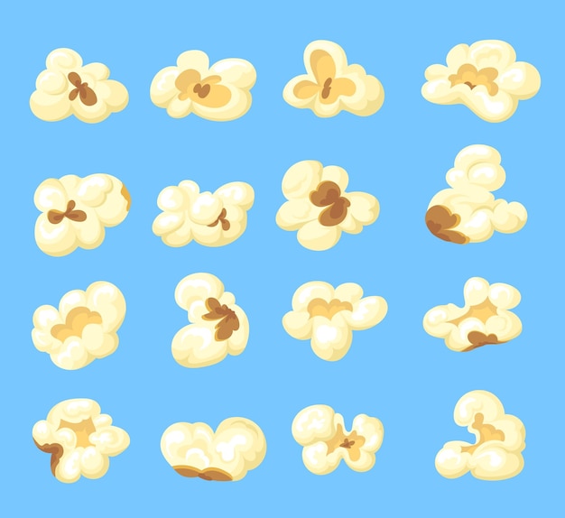 Cartoon kernels popcorn Kernel salty pop corn caramel sweetcorn in bucket for movie cinema snack food set isolated single icons background neat vector illustration