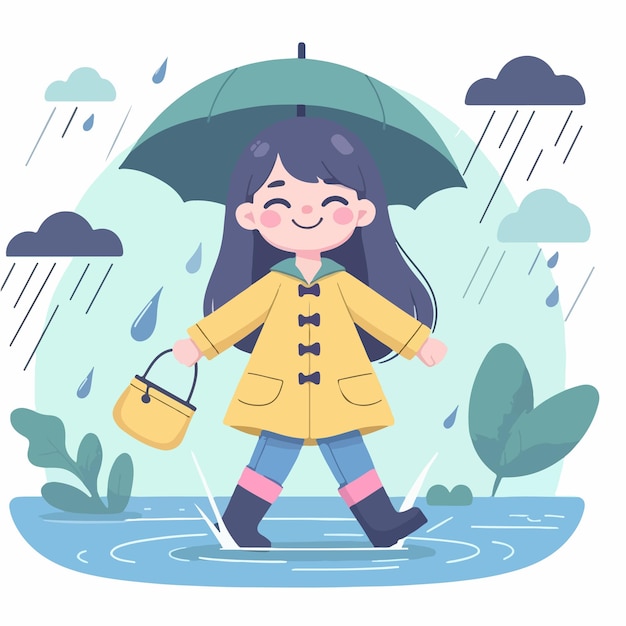 Vector cartoon kid wearing raincoat and boots in the rain