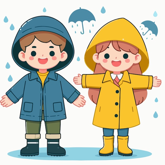 Vector cartoon kid wearing raincoat and boots in the rain