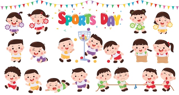 Cartoon kids character Kids collection Sports Day