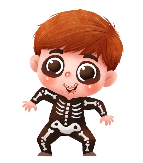 Cartoon kids character. Skeleton costume.Happy Halloween.