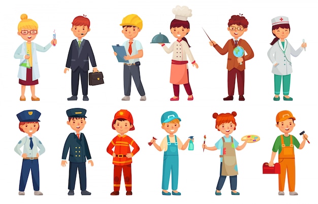 Vector cartoon kids in professional uniform. doctor children outfit, businessman kid and baby engineer worker  set