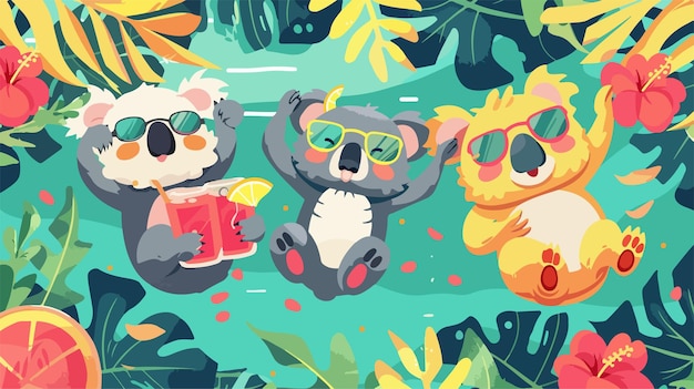 Vector a cartoon of koalas and a bear in a jungle