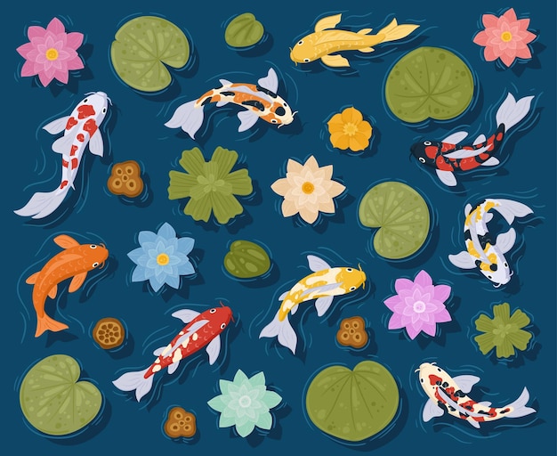 Vector cartoon koi vissen japanse karper oosterse goudvis en water bloemen vector illustraties