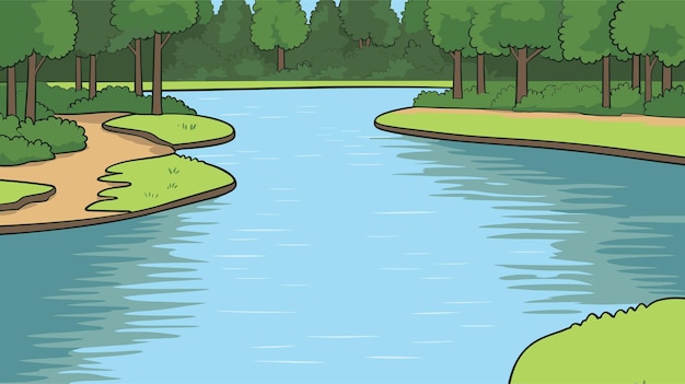 Cartoon landscape with river bay water suface and river banks with green trees Cozy place background vector illustration