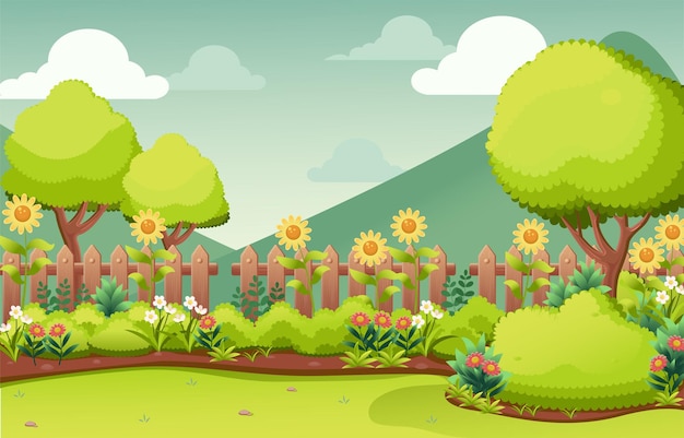 Vector cartoon landscape with trees and flowers