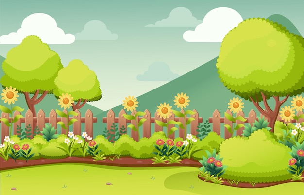 Cartoon landscape with trees and flowers